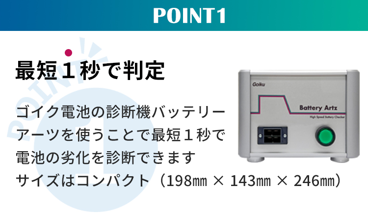 Point1最短1秒診断 ゴイク電池の診断機バッテリーアーツを使うことで最短１秒で電池の劣化を診断できます サイズはコンパクト（198㎜ × 143㎜ × 246㎜）