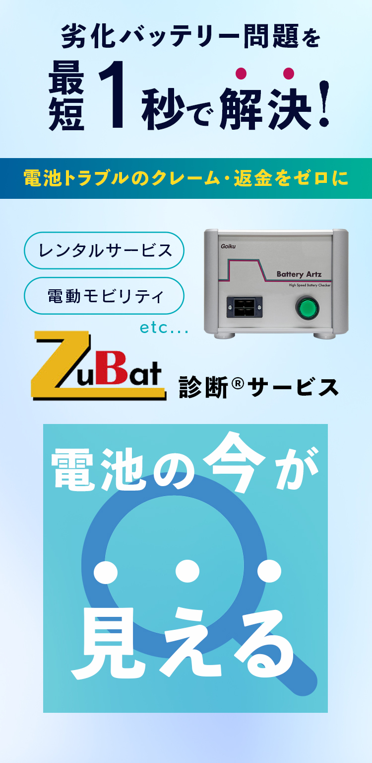 劣化バッテリー問題を最短１秒で解決！電池のトラブルクレーム・返金をゼロに、レンタルサービス、電動モビリティ、ZuBat診断サービス、電池の今がみえる